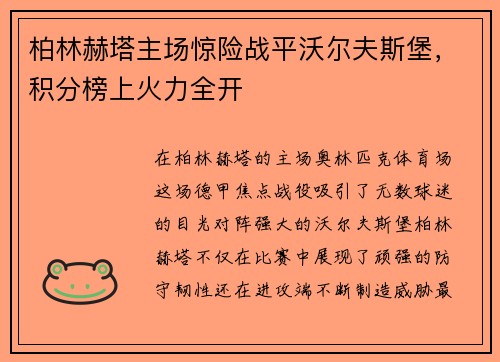 柏林赫塔主场惊险战平沃尔夫斯堡，积分榜上火力全开